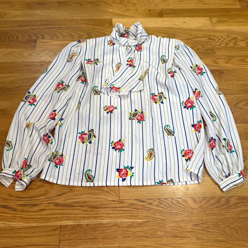 Ann Katrine Vintage 80s Tie Bow Blouse Floral Stripe Paisley Metallic White 6